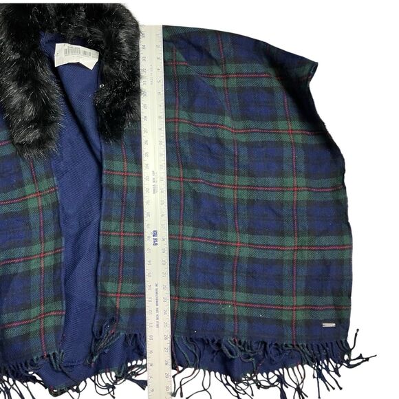 Ralph Lauren Shawl OS Green Tartan Plaid Reversable Ruana Blue Fax Fur Collar - Picture 3 of 12